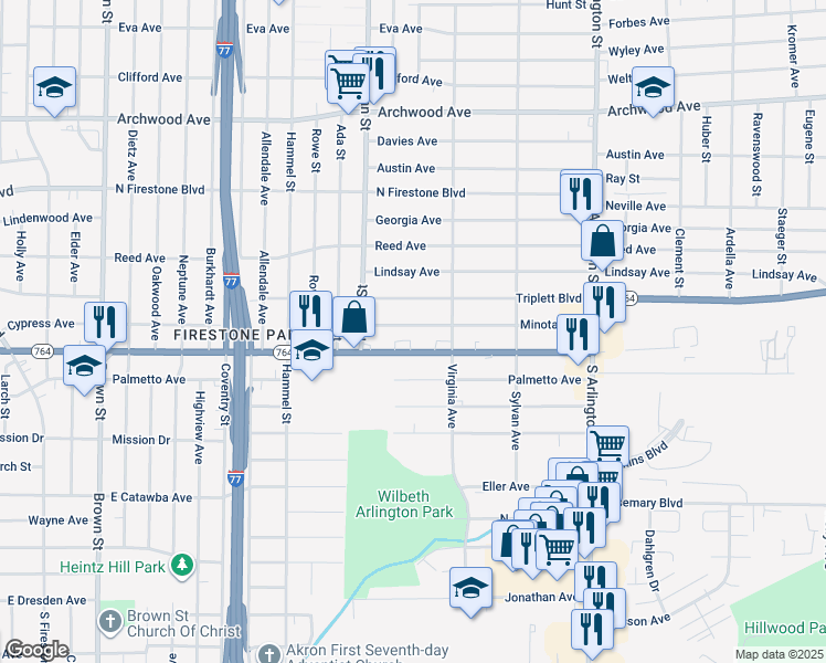 map of restaurants, bars, coffee shops, grocery stores, and more near 788 Minota Avenue in Akron
