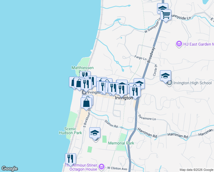 map of restaurants, bars, coffee shops, grocery stores, and more near 16 North Eckar Street in Irvington