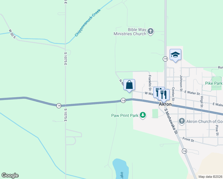 map of restaurants, bars, coffee shops, grocery stores, and more near 11142 Indiana 14 in Akron