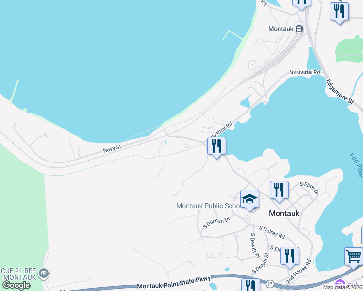 map of restaurants, bars, coffee shops, grocery stores, and more near 28 North Shore Road in Montauk