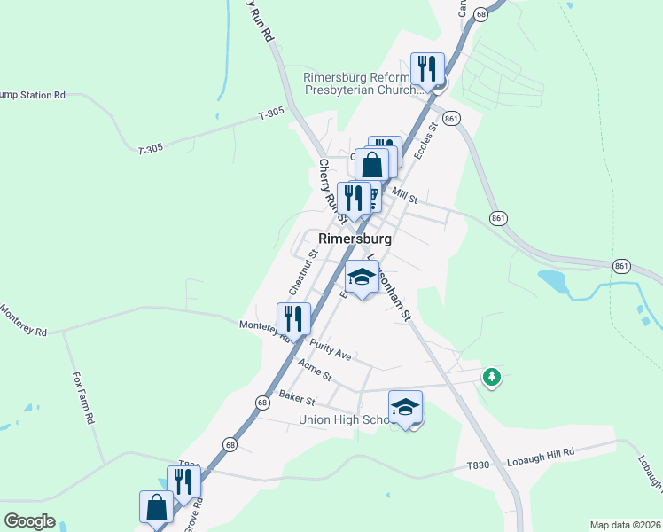 map of restaurants, bars, coffee shops, grocery stores, and more near 377-401 Main Street in Rimersburg