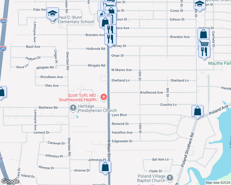 map of restaurants, bars, coffee shops, grocery stores, and more near 2031 Knollwood Avenue in Youngstown