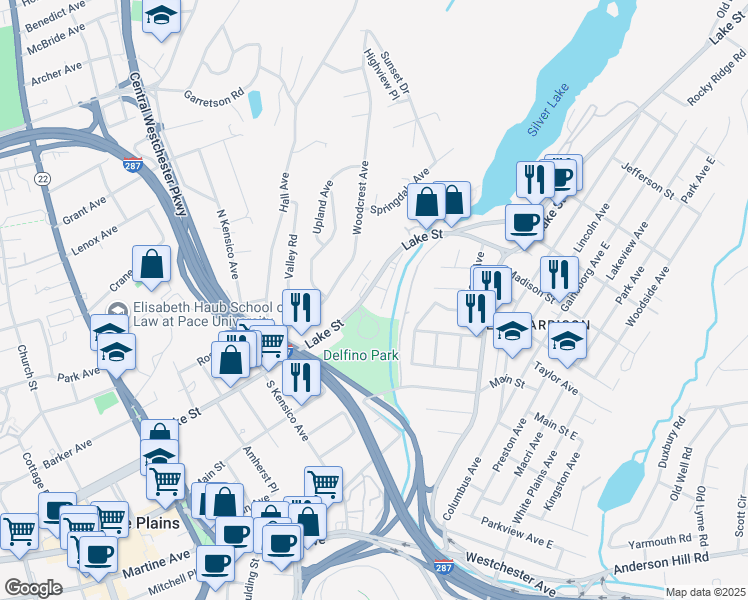 map of restaurants, bars, coffee shops, grocery stores, and more near 120 Lake Street in White Plains