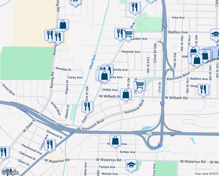 map of restaurants, bars, coffee shops, grocery stores, and more near 1272 Childs Avenue in Akron