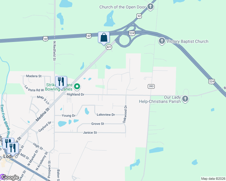 map of restaurants, bars, coffee shops, grocery stores, and more near 624-664 Highland Drive in Lodi