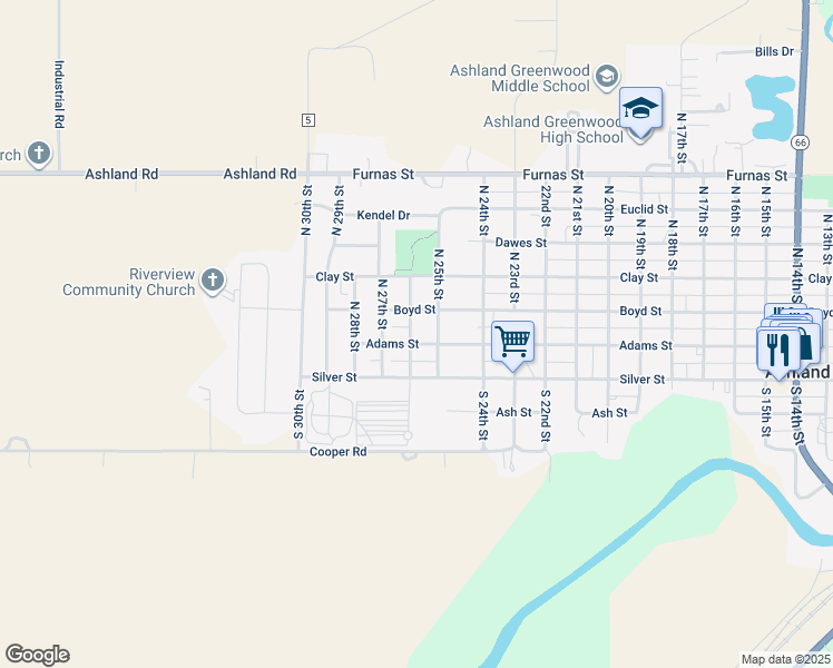 map of restaurants, bars, coffee shops, grocery stores, and more near 108 North 25th Street in Ashland