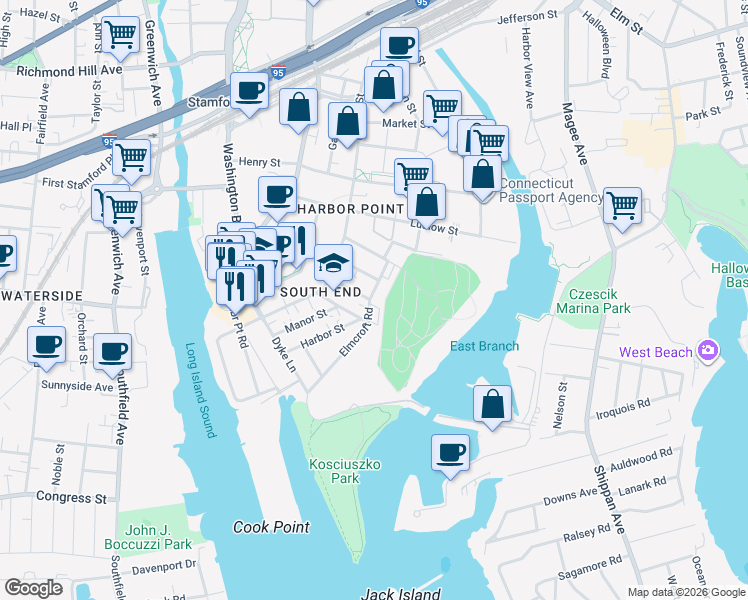 map of restaurants, bars, coffee shops, grocery stores, and more near 38 Belden Street in Stamford