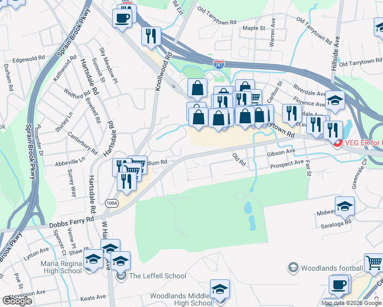 map of restaurants, bars, coffee shops, grocery stores, and more near 12 Hampton Terrace in White Plains