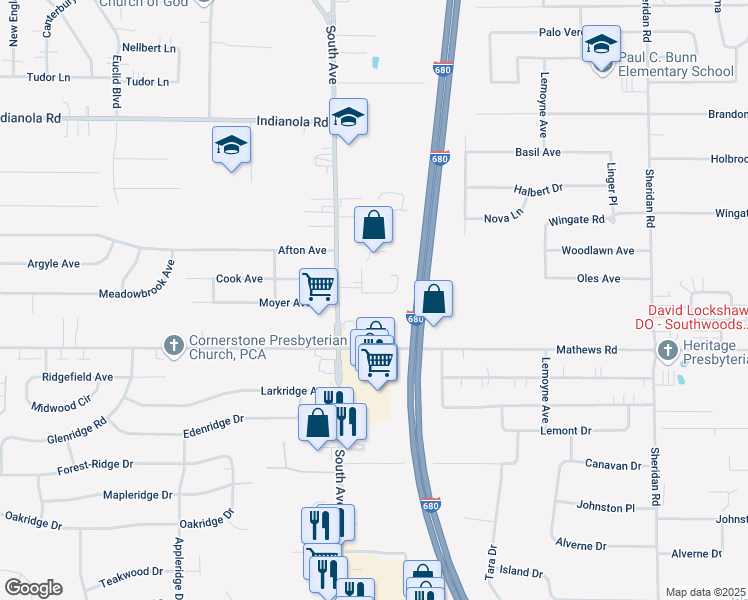 map of restaurants, bars, coffee shops, grocery stores, and more near I-680 Ron Lane in Youngstown
