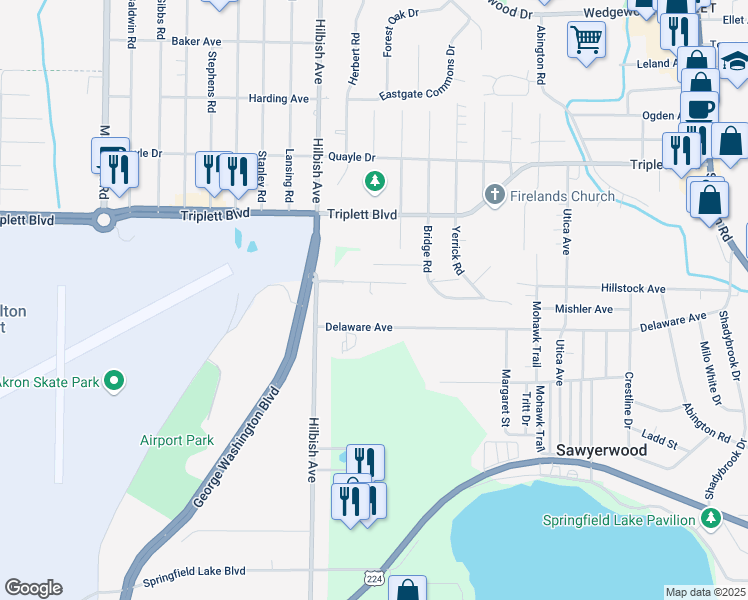 map of restaurants, bars, coffee shops, grocery stores, and more near 2087 Delaware Avenue in Akron