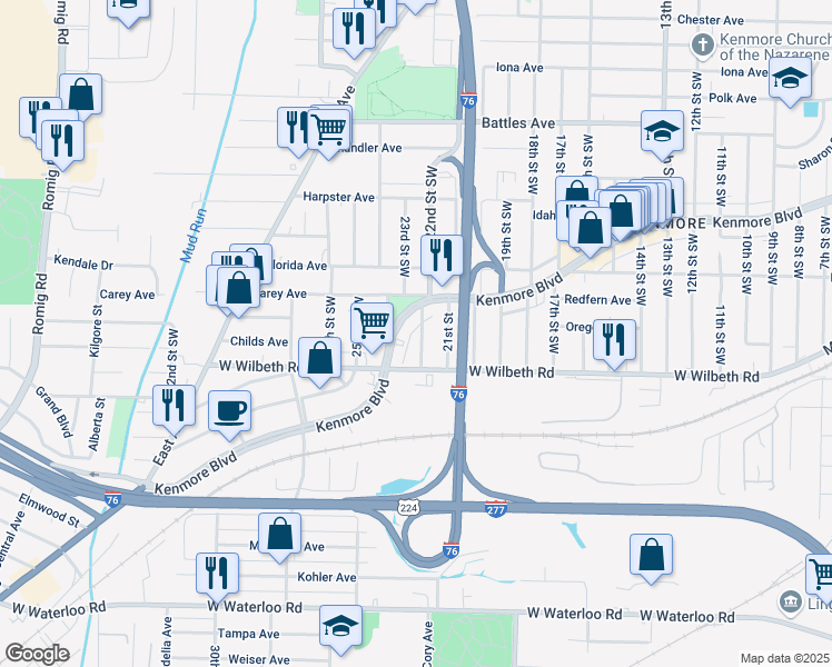 map of restaurants, bars, coffee shops, grocery stores, and more near 2342 22nd Street Southwest in Akron