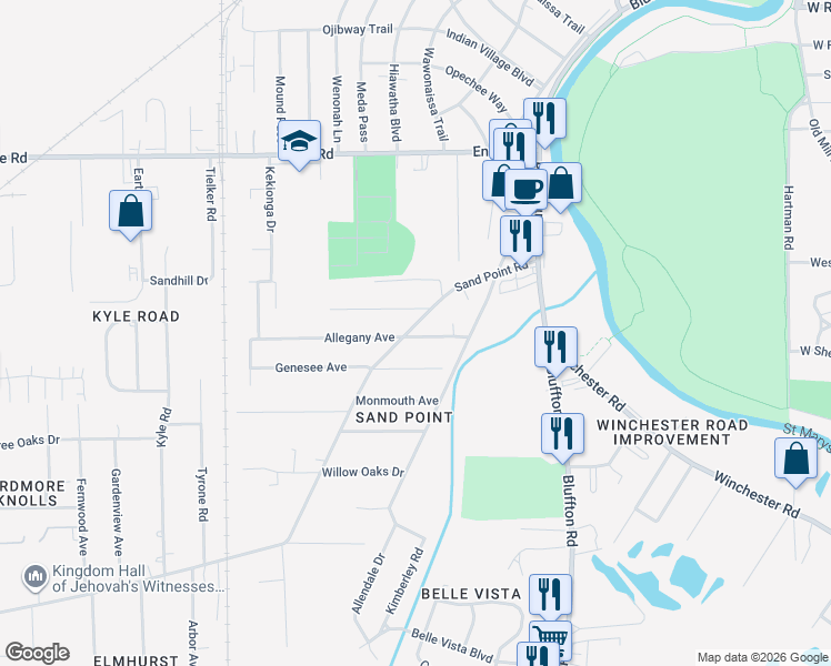 map of restaurants, bars, coffee shops, grocery stores, and more near 2413 Allegany Ave in Fort Wayne