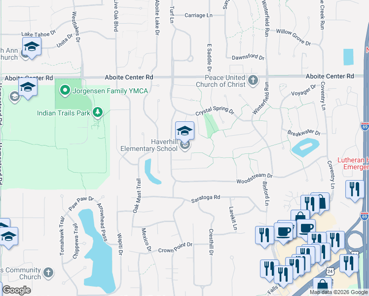 map of restaurants, bars, coffee shops, grocery stores, and more near 4725-4899 Weatherside Run in Fort Wayne