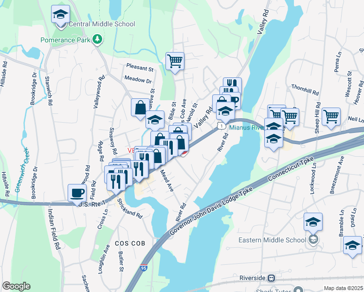 map of restaurants, bars, coffee shops, grocery stores, and more near 453 East Putnam Avenue in Greenwich