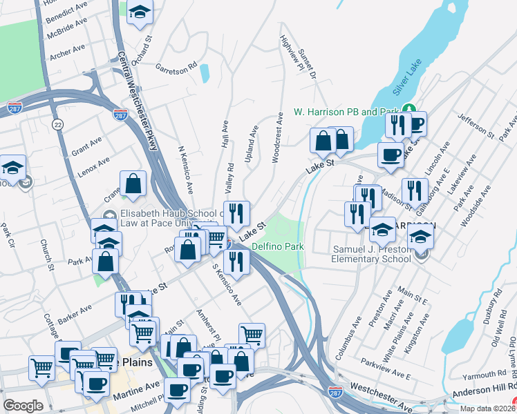map of restaurants, bars, coffee shops, grocery stores, and more near 36 Woodcrest Avenue in White Plains