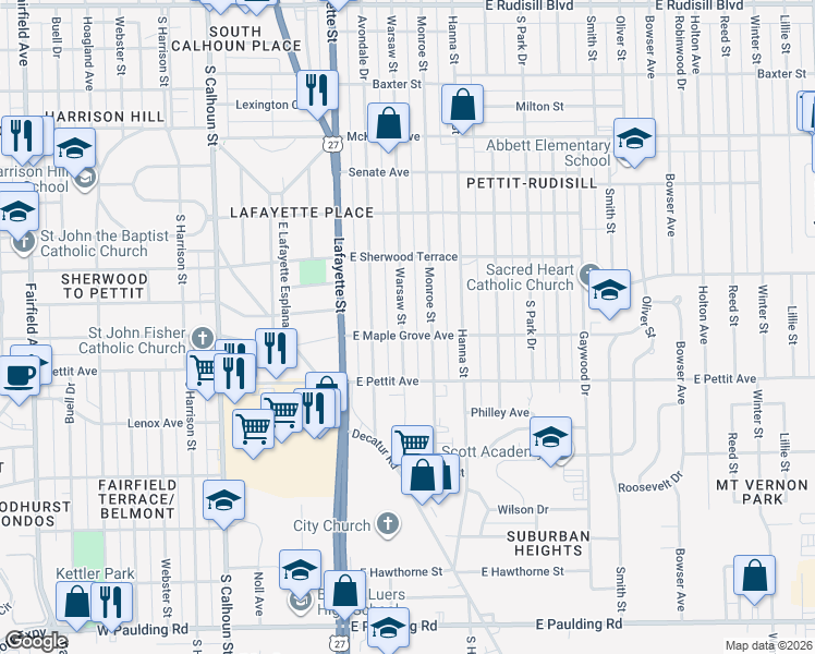 map of restaurants, bars, coffee shops, grocery stores, and more near 4721 Warsaw Street in Fort Wayne