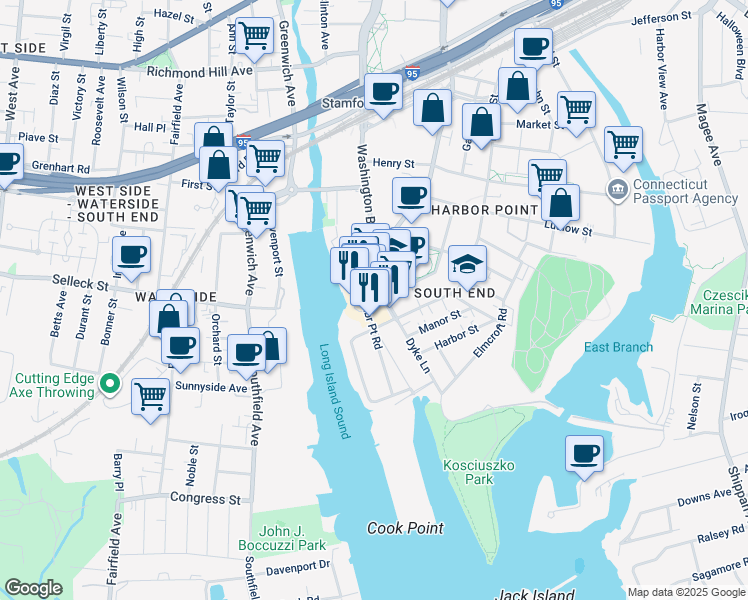 map of restaurants, bars, coffee shops, grocery stores, and more near 31 Washington Boulevard in Stamford