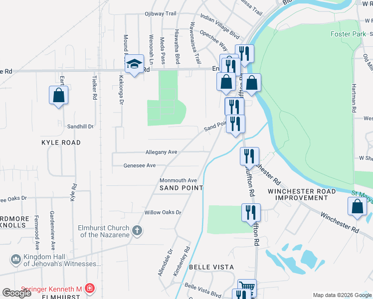 map of restaurants, bars, coffee shops, grocery stores, and more near 2413 Allegany Ave in Fort Wayne
