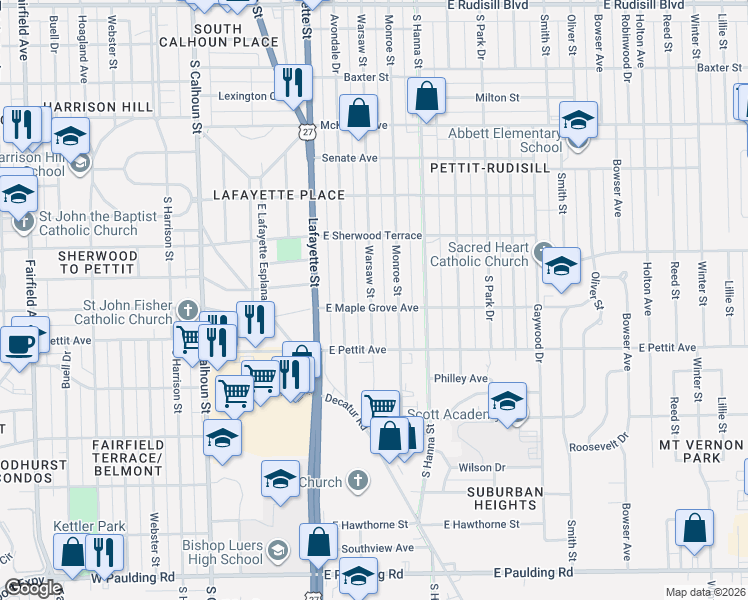 map of restaurants, bars, coffee shops, grocery stores, and more near 4809 Warsaw Street in Fort Wayne
