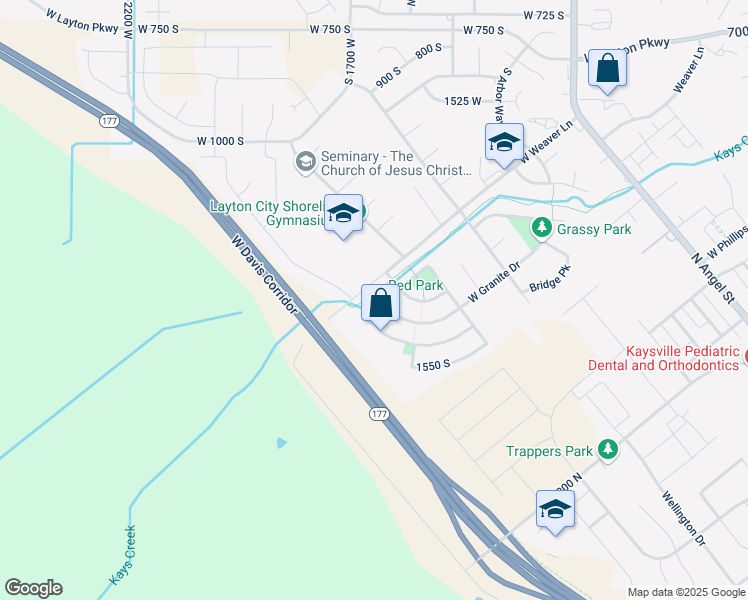 map of restaurants, bars, coffee shops, grocery stores, and more near 1636 Rockbridge Drive in Layton