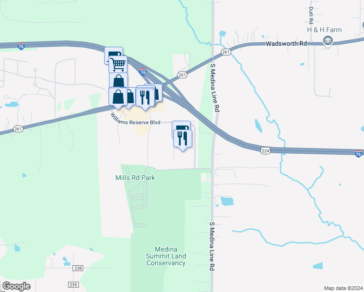 map of restaurants, bars, coffee shops, grocery stores, and more near 1183 Williams Reserve Boulevard in Wadsworth