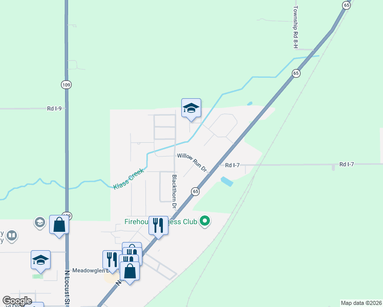 map of restaurants, bars, coffee shops, grocery stores, and more near 110 East Willow Run Drive in Ottawa