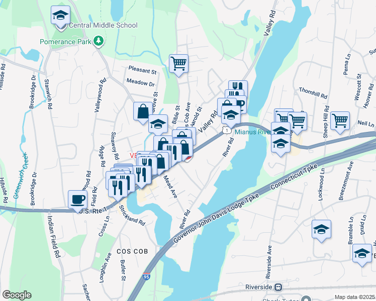 map of restaurants, bars, coffee shops, grocery stores, and more near 453 East Putnam Avenue in Greenwich
