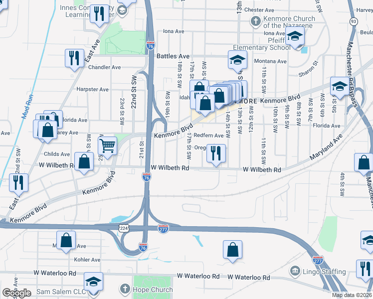 map of restaurants, bars, coffee shops, grocery stores, and more near 2343 18th Street Southwest in Akron