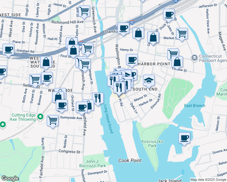 map of restaurants, bars, coffee shops, grocery stores, and more near 1 Harbor Point Road in Stamford