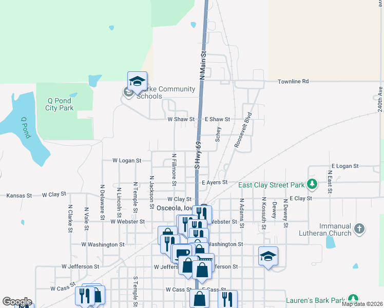 map of restaurants, bars, coffee shops, grocery stores, and more near 115 West Logan Street in Osceola