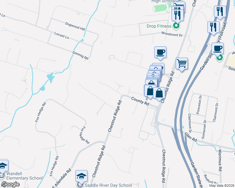 map of restaurants, bars, coffee shops, grocery stores, and more near 7 Coltsfoot Glen in Saddle River