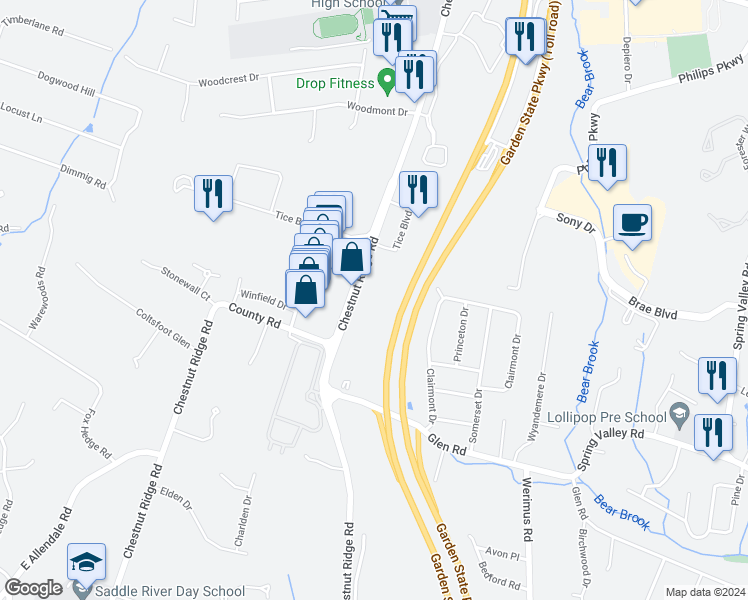 map of restaurants, bars, coffee shops, grocery stores, and more near 430 Chestnut Ridge Road in Woodcliff Lake