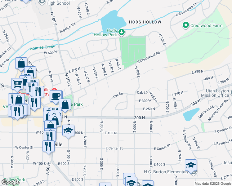 map of restaurants, bars, coffee shops, grocery stores, and more near 360 Oak Lane in Kaysville