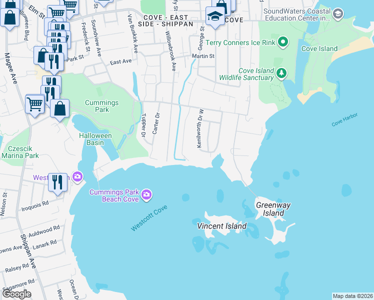 map of restaurants, bars, coffee shops, grocery stores, and more near 97 Soundview Drive in Stamford