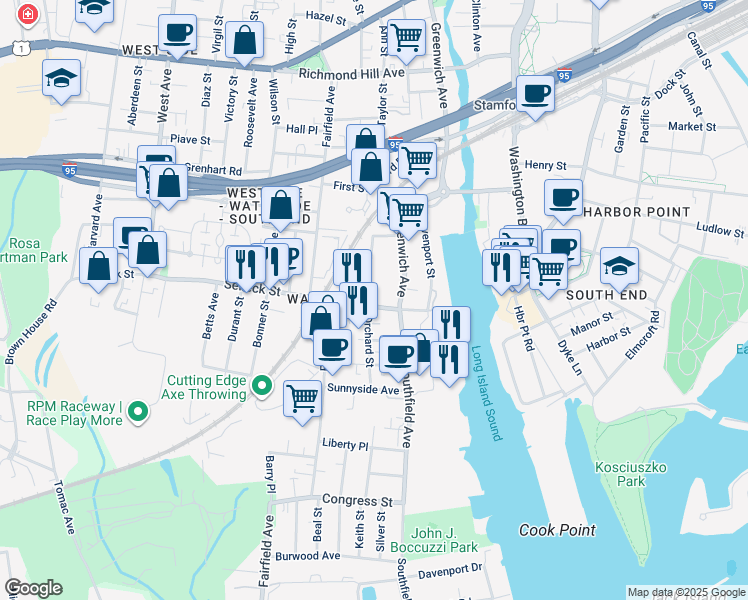 map of restaurants, bars, coffee shops, grocery stores, and more near 79 Orchard Street in Stamford