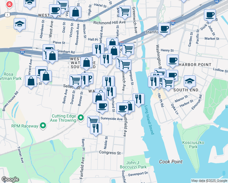 map of restaurants, bars, coffee shops, grocery stores, and more near 79 Orchard Street in Stamford