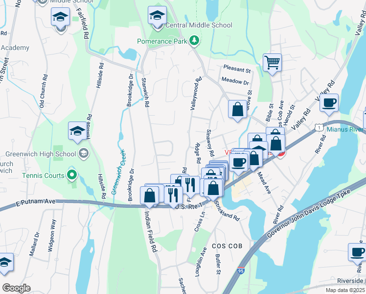 map of restaurants, bars, coffee shops, grocery stores, and more near 38 Valleywood Road in Greenwich