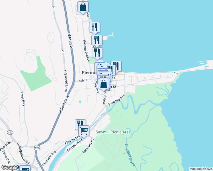 map of restaurants, bars, coffee shops, grocery stores, and more near 36 Gair Street in Piermont