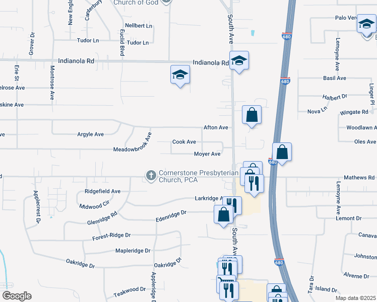 map of restaurants, bars, coffee shops, grocery stores, and more near 875 Moyer Avenue in Youngstown