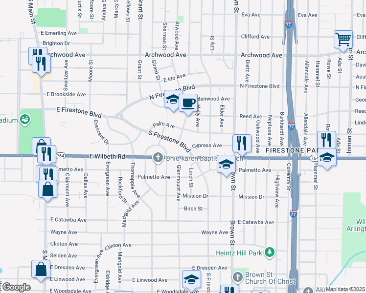 map of restaurants, bars, coffee shops, grocery stores, and more near 372 South Firestone Boulevard in Akron