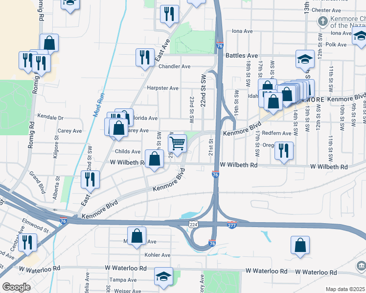 map of restaurants, bars, coffee shops, grocery stores, and more near 1283 Kenmore Boulevard in Akron