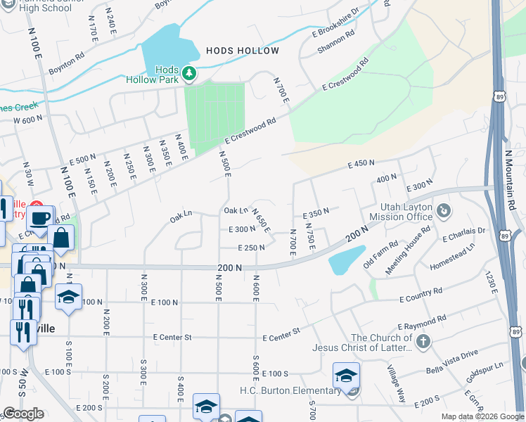 map of restaurants, bars, coffee shops, grocery stores, and more near 314 North 650 East in Kaysville