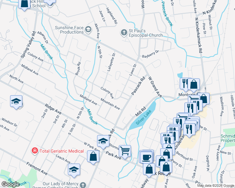 map of restaurants, bars, coffee shops, grocery stores, and more near 11 Colony Avenue in Park Ridge