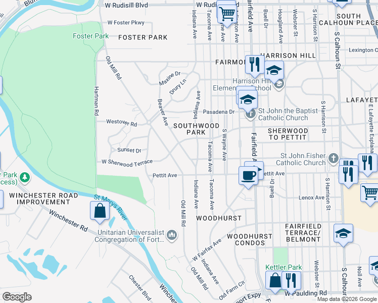 map of restaurants, bars, coffee shops, grocery stores, and more near 4815 Old Mill Road in Fort Wayne