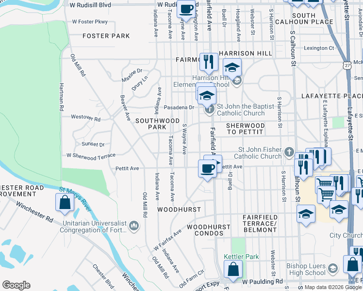map of restaurants, bars, coffee shops, grocery stores, and more near 4801 Tacoma Avenue in Fort Wayne