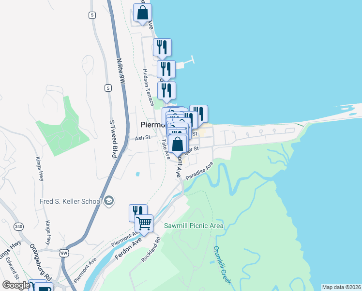 map of restaurants, bars, coffee shops, grocery stores, and more near 489 Piermont Avenue in Piermont