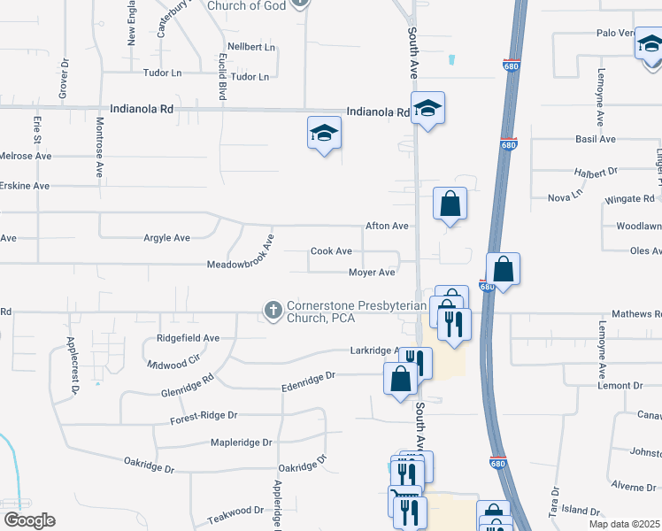 map of restaurants, bars, coffee shops, grocery stores, and more near 875 Moyer Avenue in Youngstown