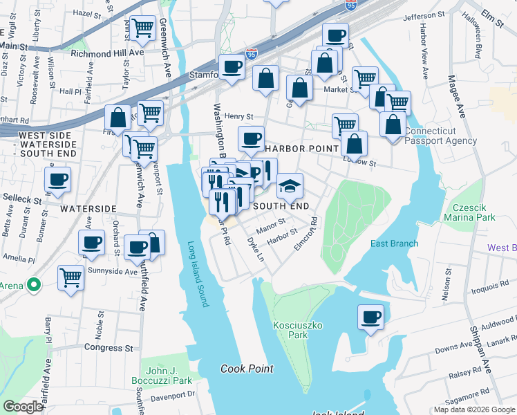 map of restaurants, bars, coffee shops, grocery stores, and more near 201 Commons Park South in Stamford