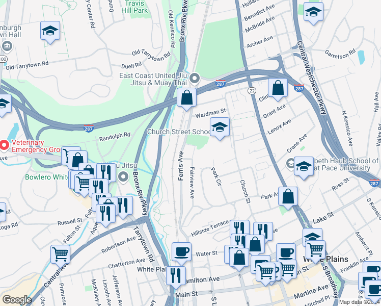 map of restaurants, bars, coffee shops, grocery stores, and more near 75 Fairview Avenue in White Plains