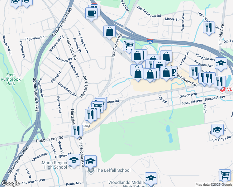 map of restaurants, bars, coffee shops, grocery stores, and more near 1306 Pondcrest Lane in White Plains